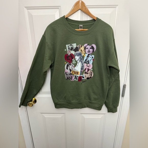 Gildan Sweaters - Women’s Taylor Swift olive green eras tour crewneck sweater size small colorful